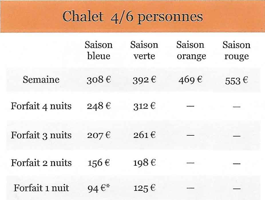 tarifs le rû du pré 2020-2021 chalet 4-6 personnes